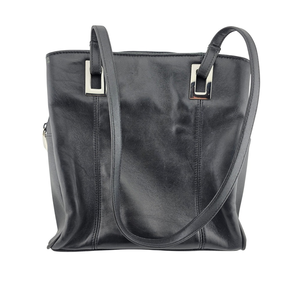 Hush Puppies Black Leather Handbag Purse Man Made Trim Pre‎ Owned